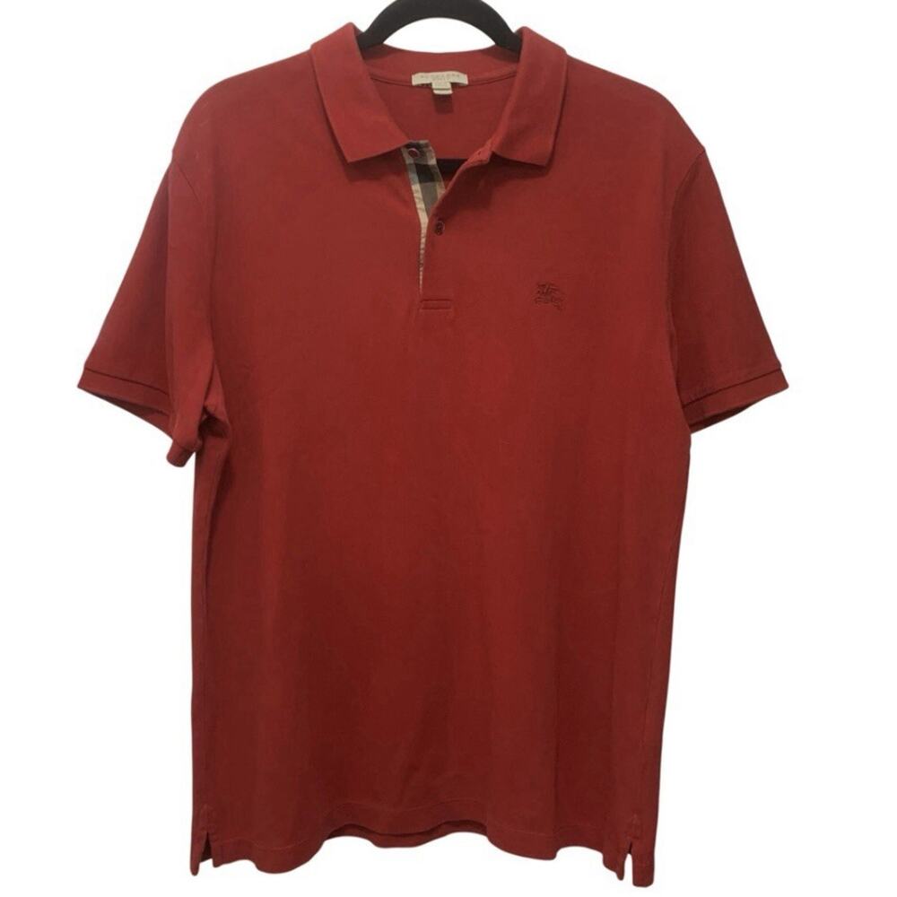 Burberry Brit Men’s XL Red Polo Shirt Nova Check Placket 100% Cotton